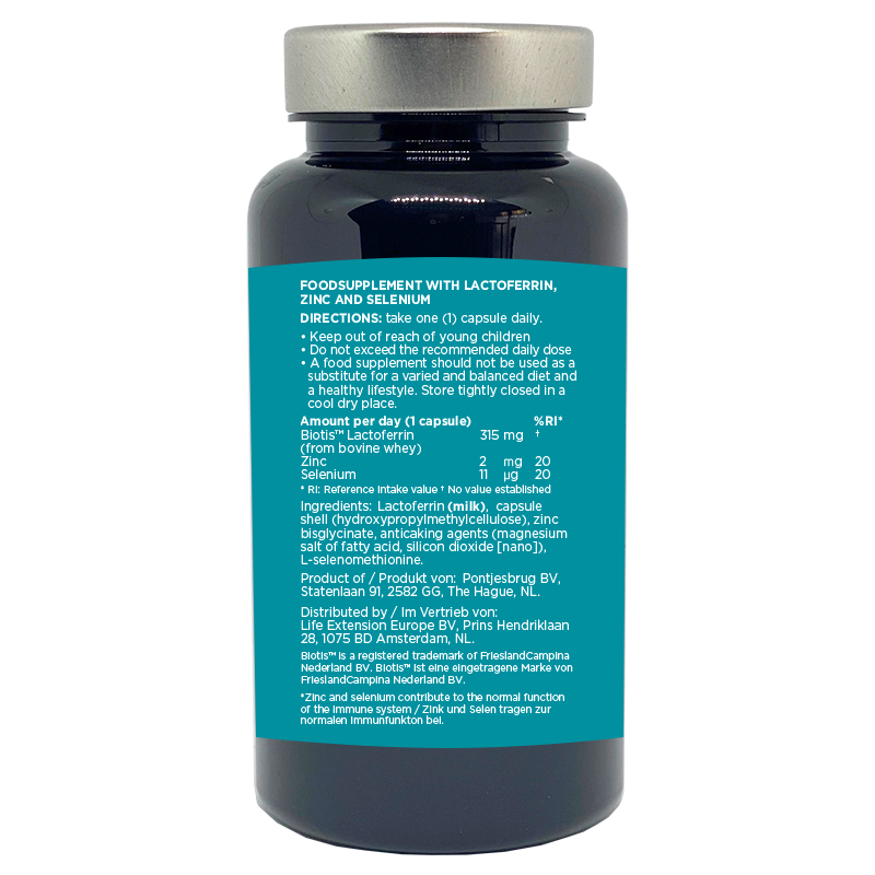 Life Extension Lactoferrin Complex, 6o capsules with milk compound to support immune health & GI tract, supplement facts